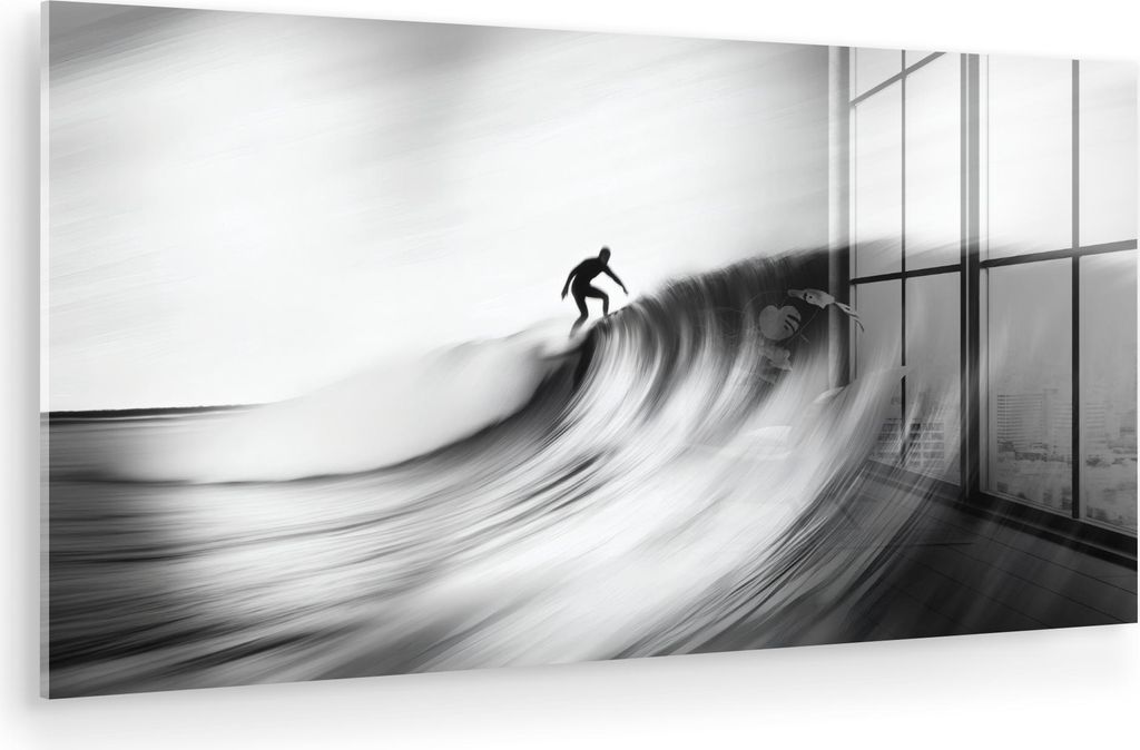 MuchoWow Glasbilder - Bilder auf Wandbild - Foto auf Glas Surfer - Welle - Verblasst - Schwarz 40x20 cm Wanddekoration aus Glas - Acrylglasbild - A...