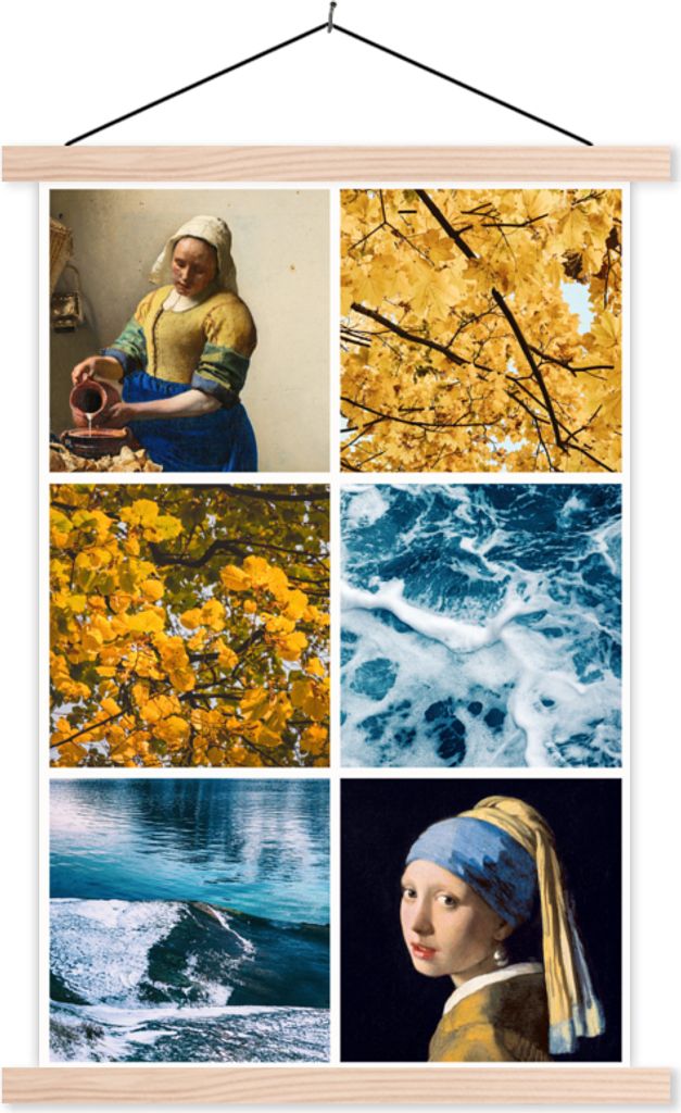 MuchoWow Textilposter Vermeer - Collage - Natur 120x180 cm mit holzfarbenen Rahmen - Textil-Plakat