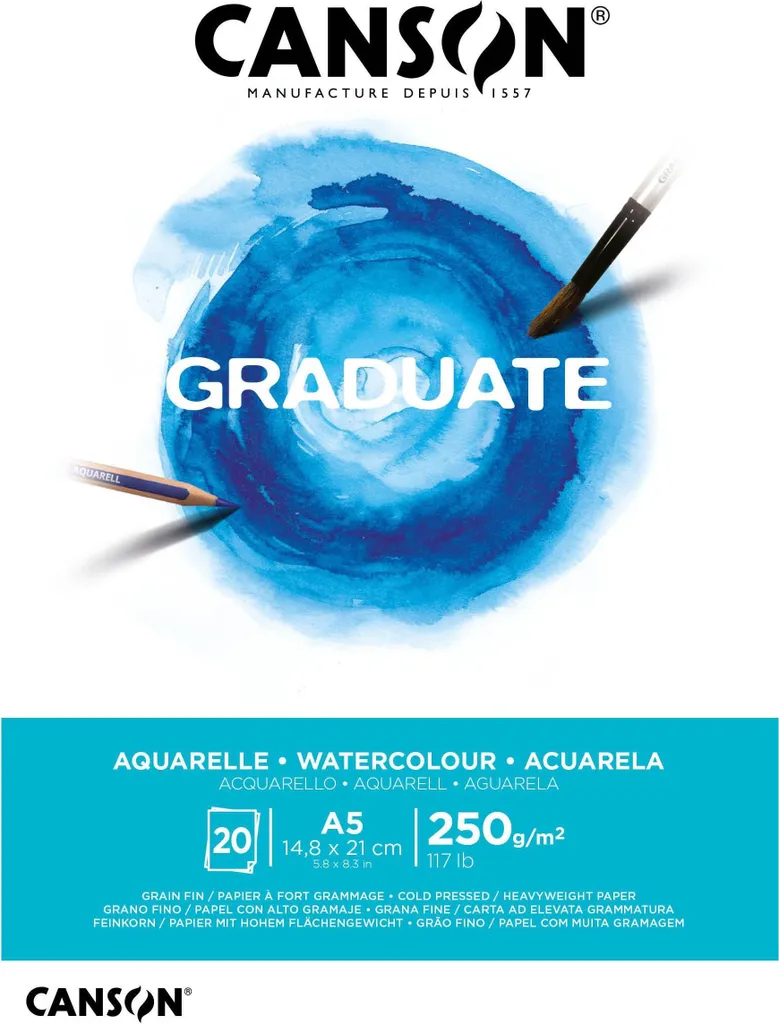 Papier Aquarelle A5 Grain Fin Canson Graduate 250g - Pack de 5 Carnets