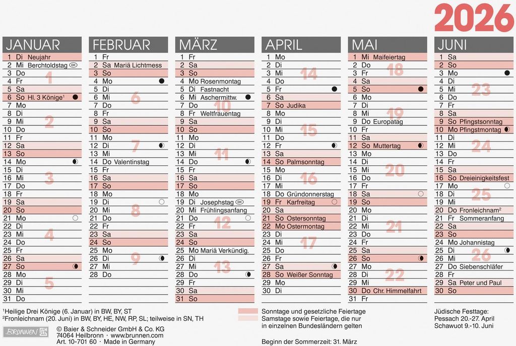 BRUNNEN 1070160006 Calendrier à tableau A6 1S/6mois Image du produit 