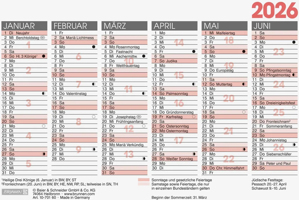 BRUNNEN 1070160006 Calendrier à tableau A6 - Planning 6 mois par page