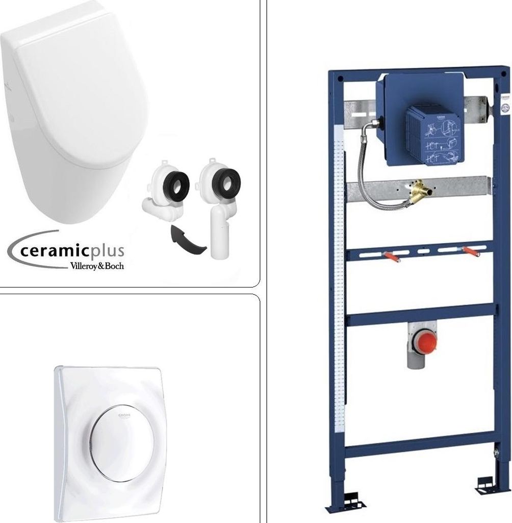 VILLEROY & BOCH SUBWAY Urinal mit CeramicPlus Beschichtung + SoftClose Deckel & GROHE Vorwandgestell + Betätigungsplatte, in weiß