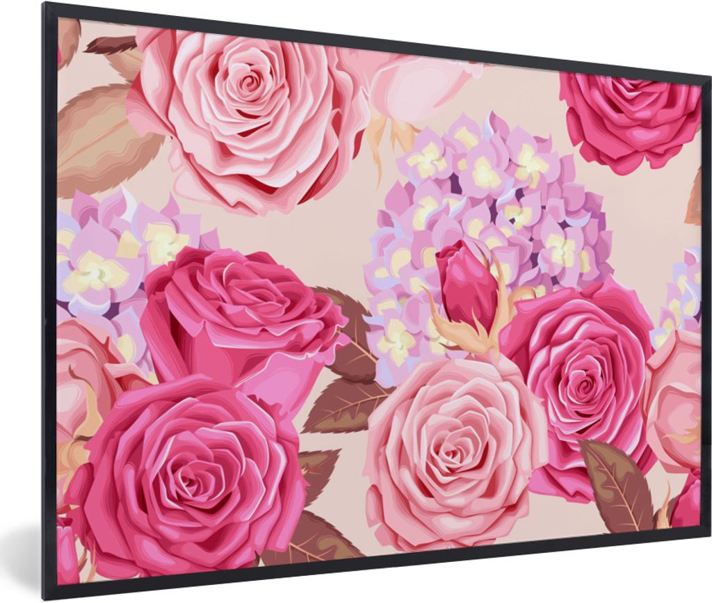 MuchoWow Gerahmtes Poster Rosen - Hortensien - Blumen - Rosa 90x60 cm - Poster mit Schwarzem Bilderrahmen Wandposter Rahmen Foto Bilder - Fotorah...
