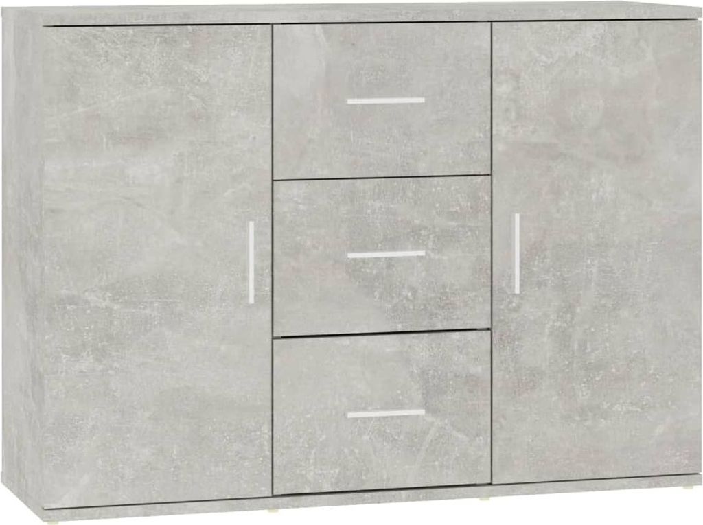 A light gray, modern sideboard with three drawers and two doors, featuring white handles.