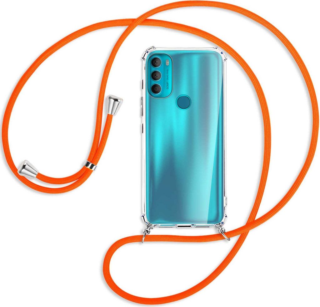 Handykette Backcover-Schutzhülle mit Band (Metall silberfarben) für Motorola Moto G71 5G - neonorange
