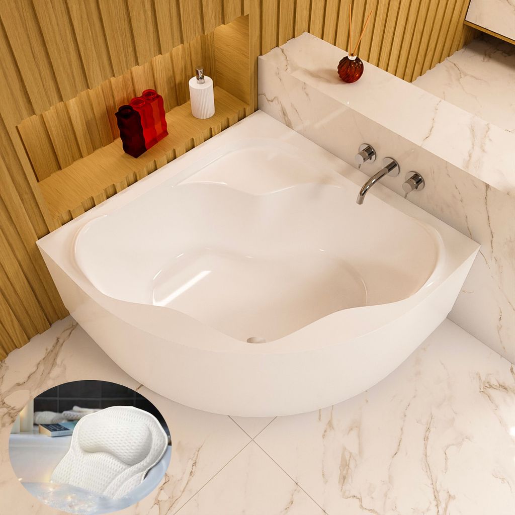 ECOLAM Badewanne Eckbadewanne Acrylwanne SELMA 140 x 140 cm + Acrylschürze + Kopfkissen Mare Eckwanne Ablaufgarnitur Viega