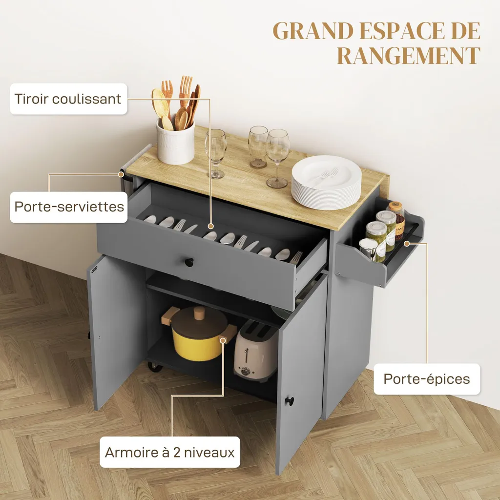 Meuble d'appoint de cuisine gris roulant pour optimiser le rangement
