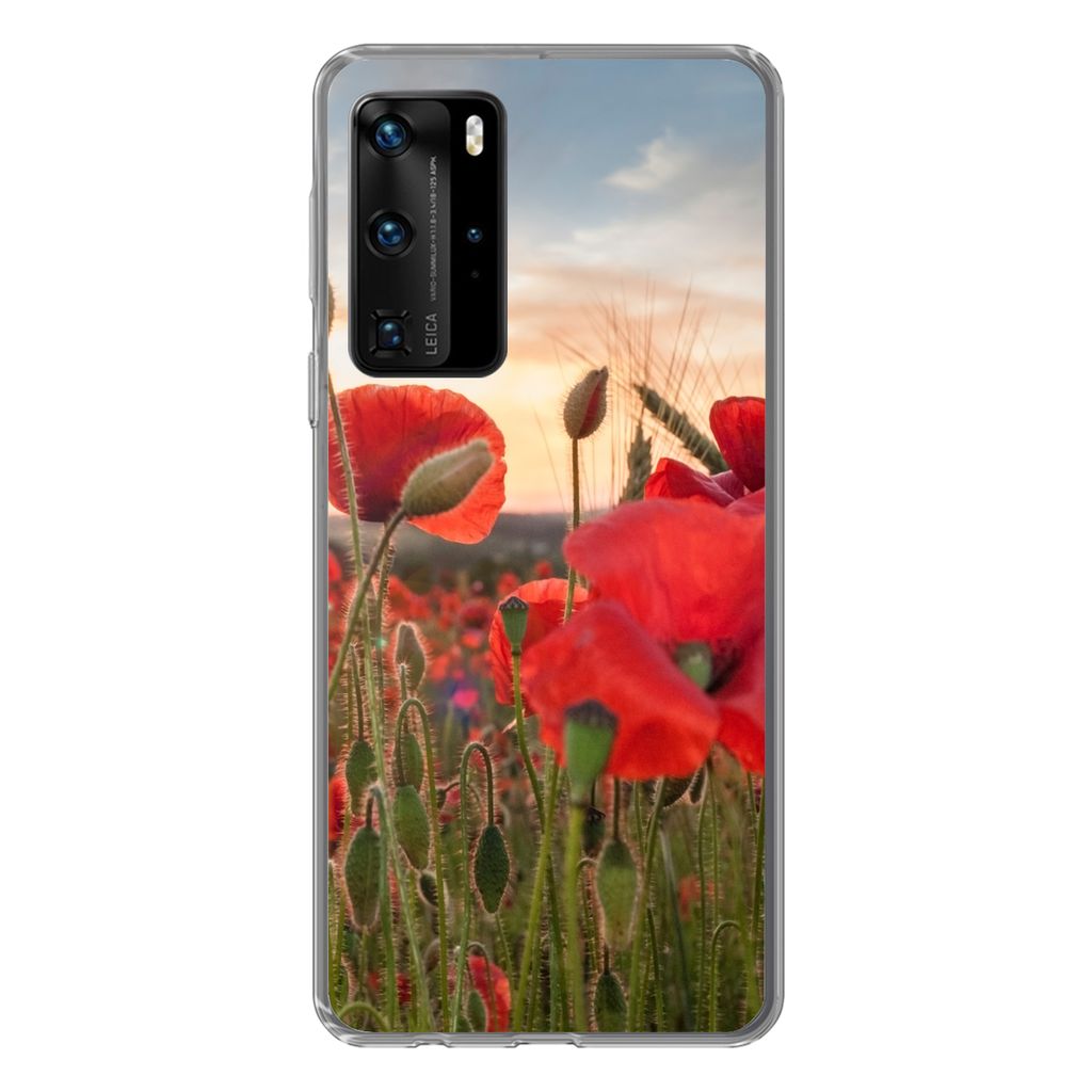 MuchoWow Handyhülle Schutzhülle Hülle für Huawei P40 Pro Sonnenuntergang hinter den schönen Mohnblumen Silikon Softcase Handy Hülle - Schutz