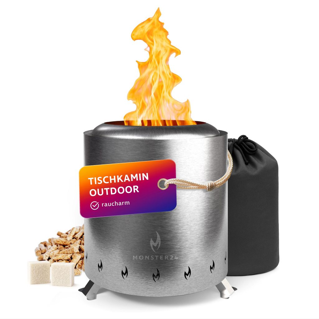 Monster24 Mikroofen aus Edelstahl, 18 x 21 cm raucharmer Tischkamin, Feuerschale für Terrasse, Balkon und Camping, mit Holz oder Pellets betrieben.