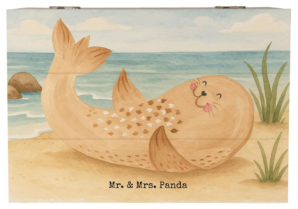Mr. & Mrs. Panda Geschenkbox Robbe Liegen Design 22 x 15 cm - Weiß - Geschenk, fotobox, Nordsee, Box, Robben, Seehund, Strand, schatztruhe, Erinne...
