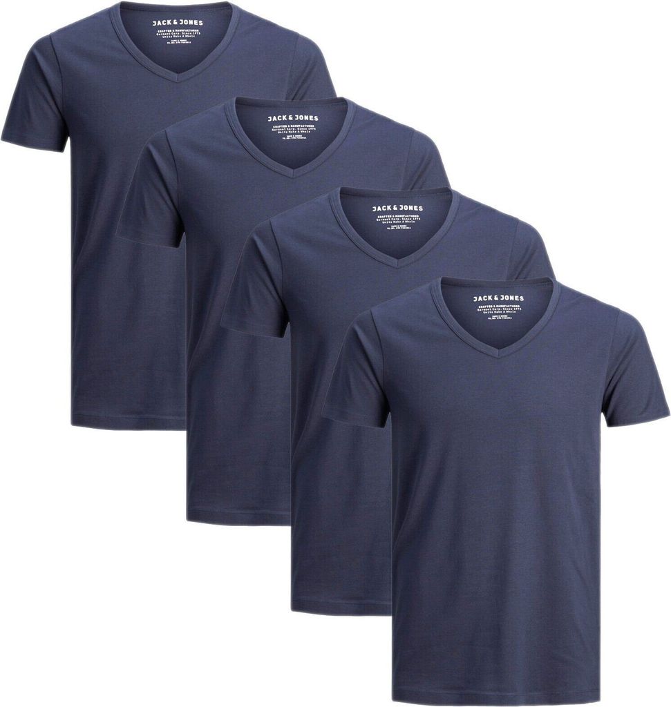 Jack & Jones 4er-Pack Basic T-Shirts Herren Slim-Fit Shirt Stretch V-Neck Ausschnitt, 4er-TS-V-Neck-Navy-M