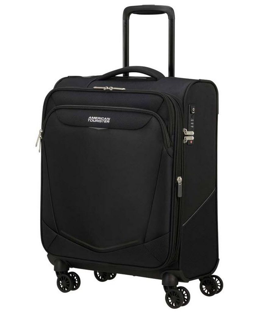A black American Tourister suitcase is shown against a white background.