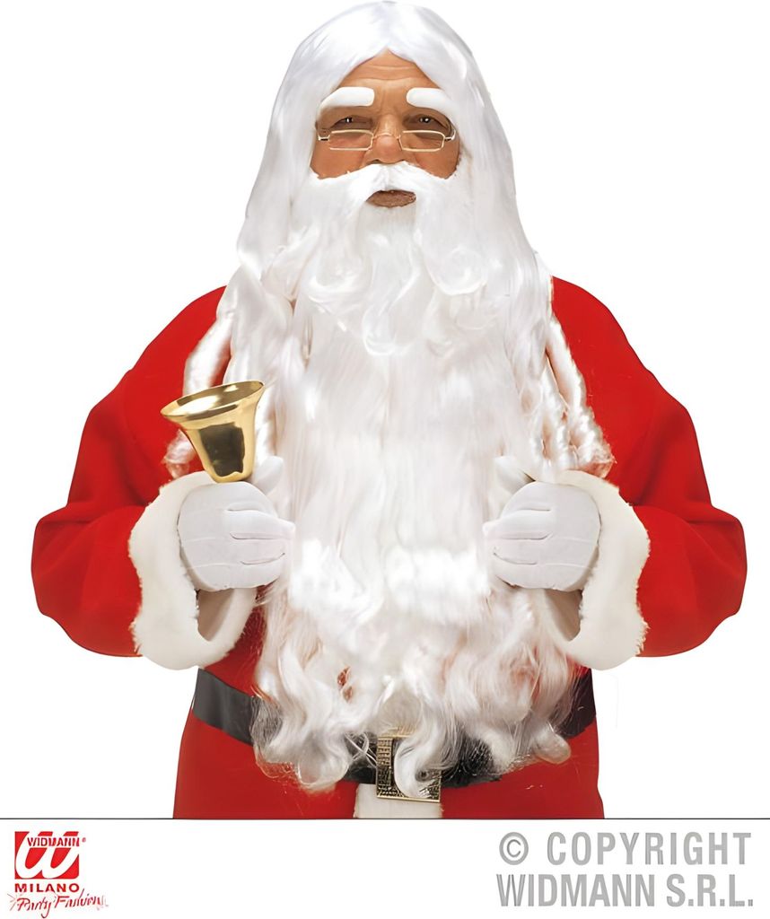 A person dressed as Santa Claus holding a bell.