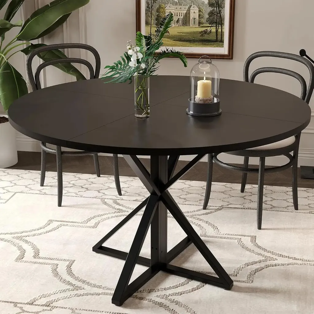 Table à manger ronde Ø 120 cm en bois et métal noir - Modèle Lyon T12