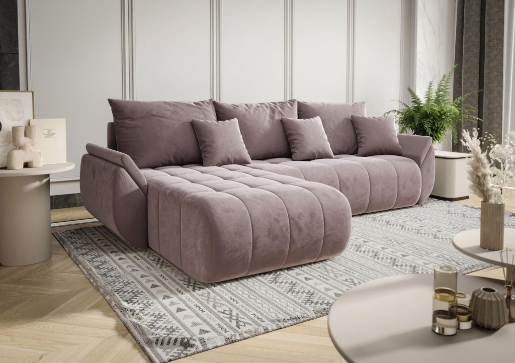 Ecksofa Schlafsofa AKITA Stoff Monolith Flieder Ottomane Links