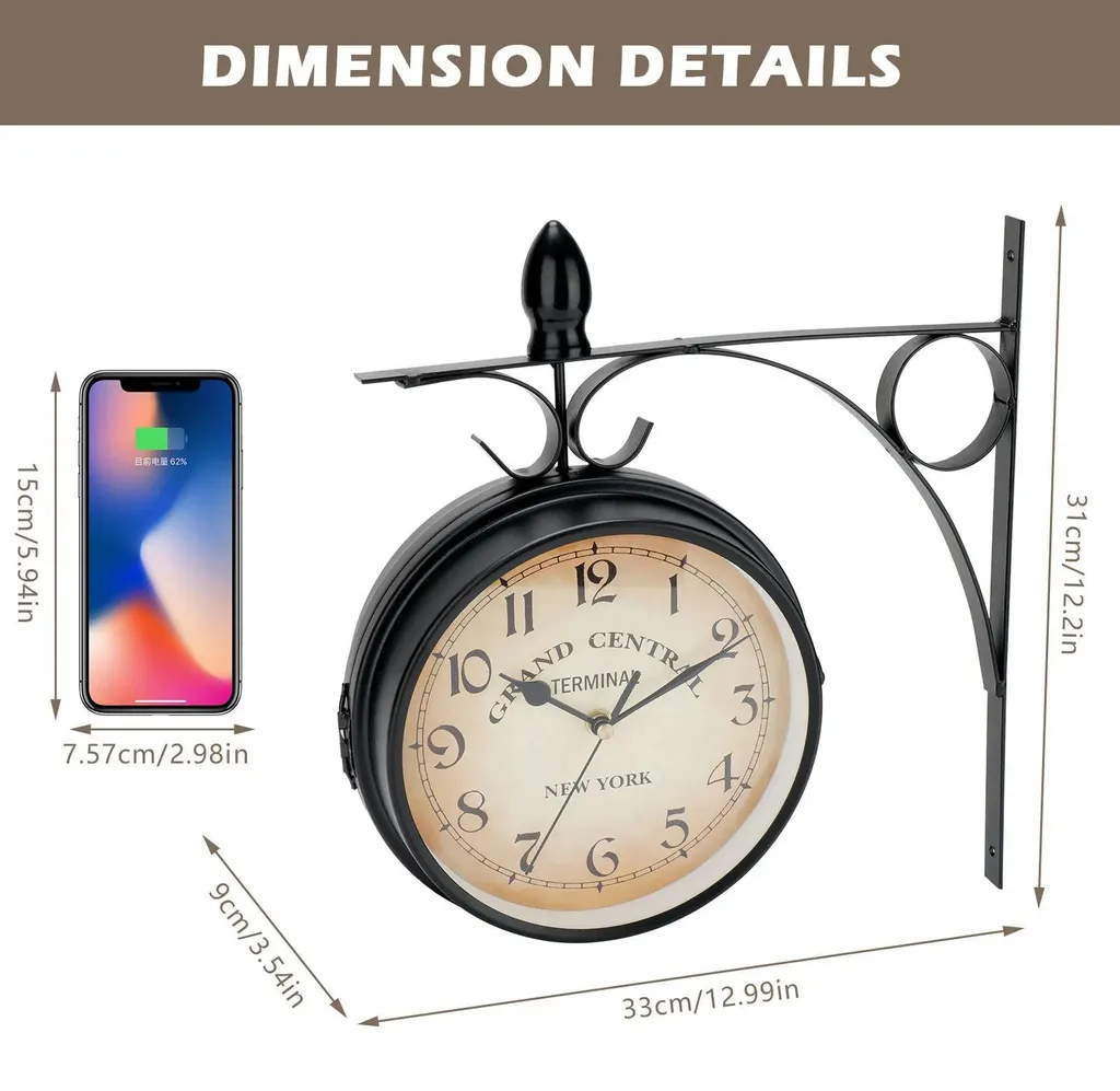 Horloge murale extérieure double face silencieuse en métal noir mat