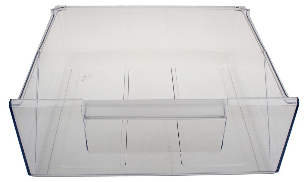 A clear plastic drawer for a refrigerator or freezer.