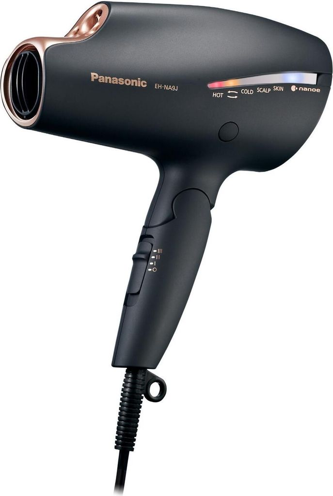 A black Panasonic hair dryer with rose gold accents is shown against a white background.