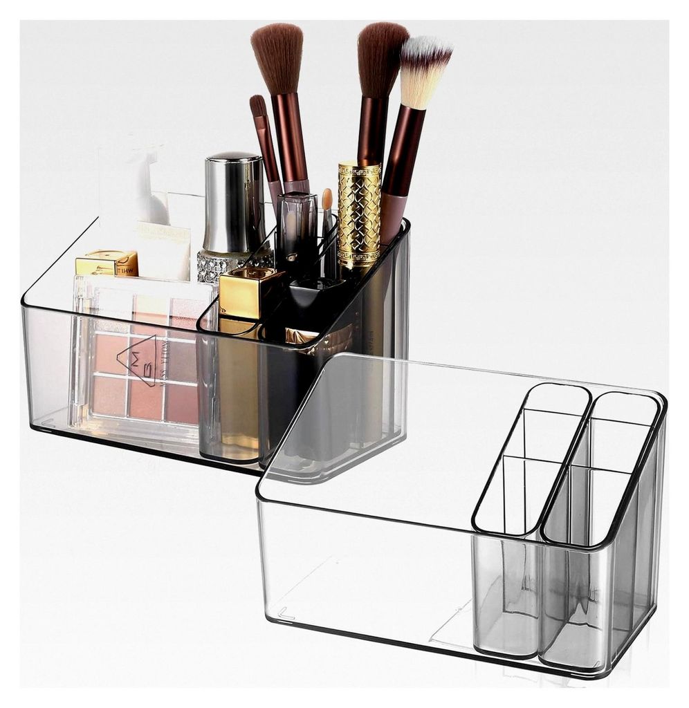 2 Stück Make-Up Organizer für Schminktisch, Pinselhalter und Kosmetik Aufbewahrungsbox mit beweglichem Koffer