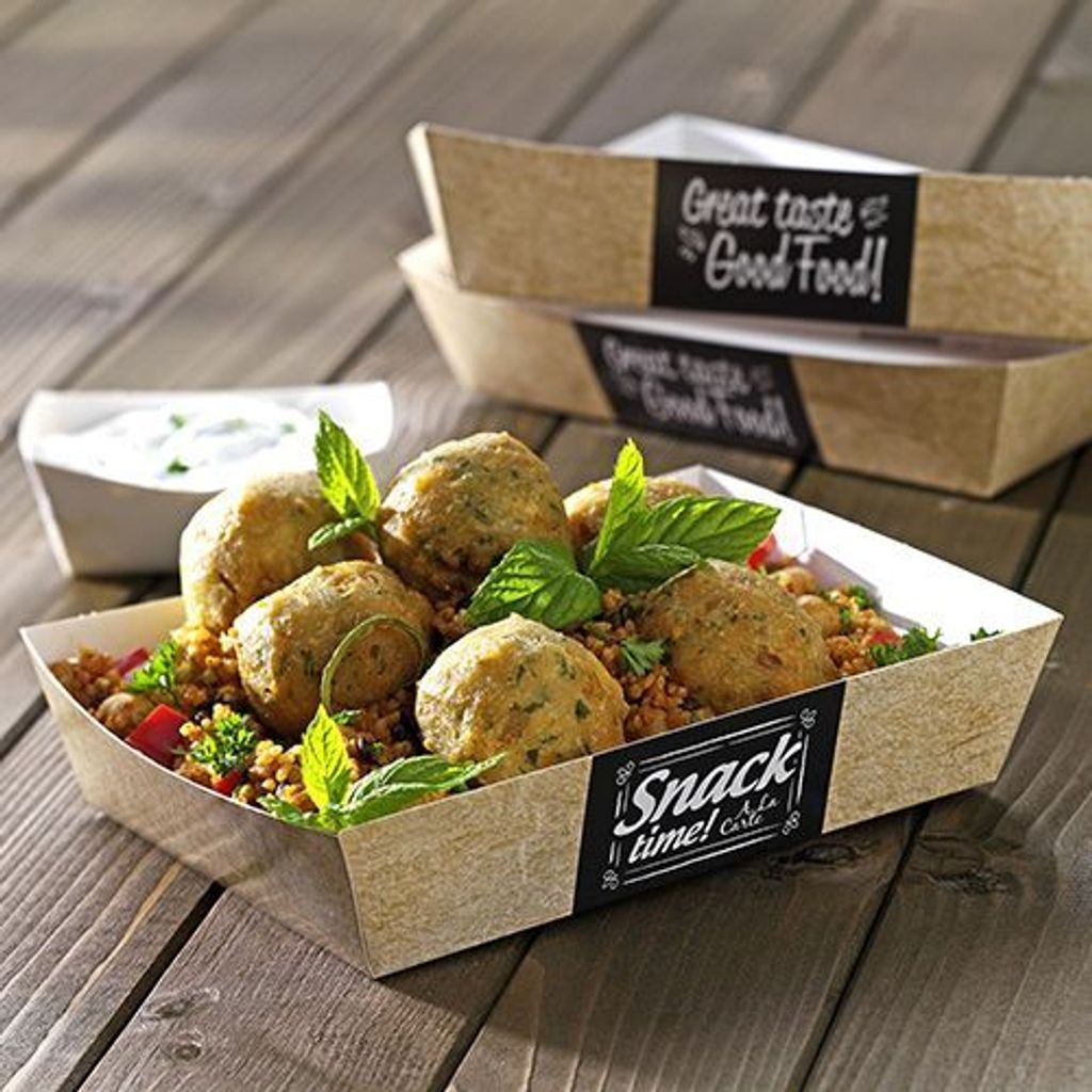 Papstar Snacktrays, Pappe "pure" 3,5 cm x 3,3 cm x 18,5 cm "Good Food" 14 x 50 Stück