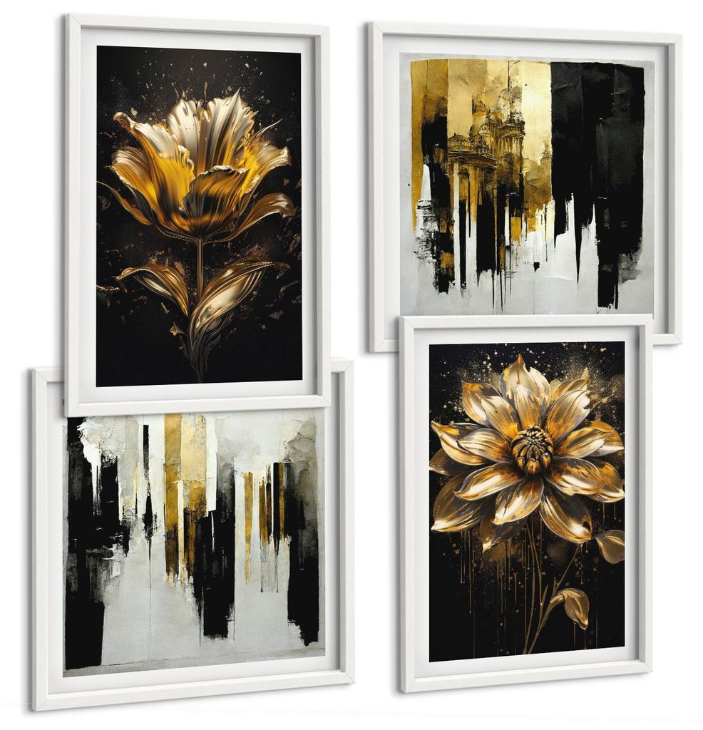 Bilder Set 4-teilig im weißen Rahmen – Wandbilder 4 Stück – gerahmte Poster für Wohnzimmer, Schlafzimmer und Flur – 50x50 cm - 40x60 cm ...