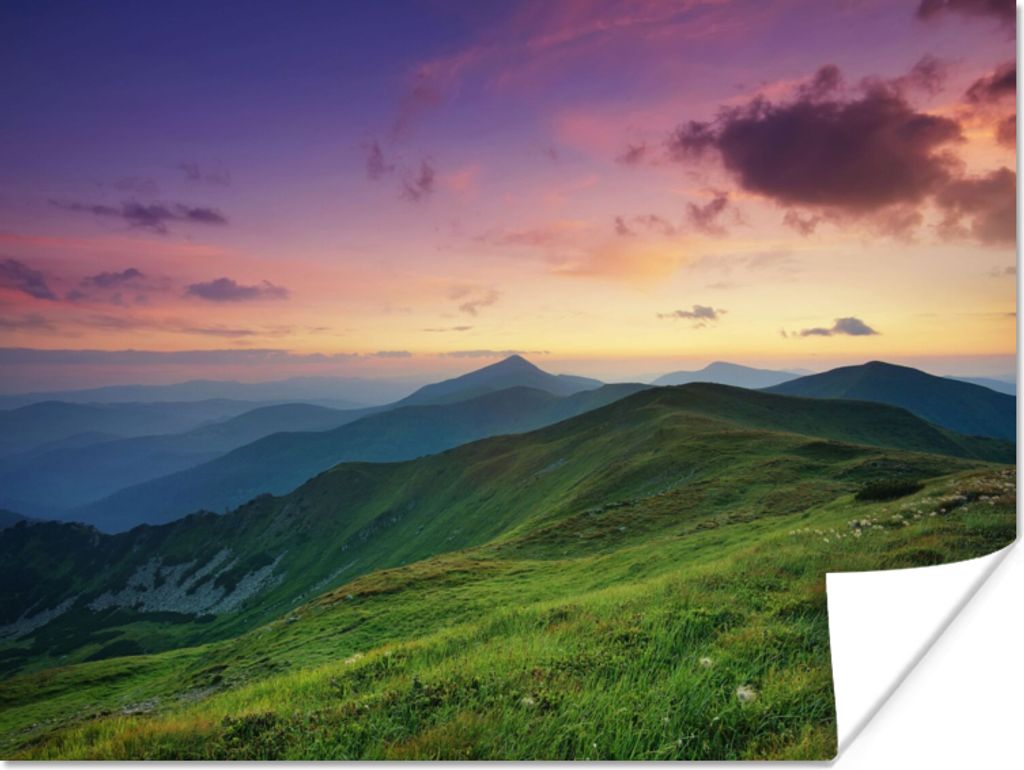 MuchoWow Poster Berg - Gras - Landschaft - Abend 40x30 cm - Plakate für die Wände - Poster Wohnzimmer