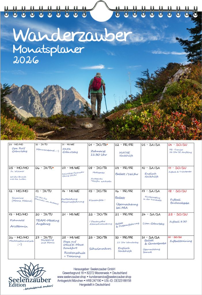 Wanderzauber Planer DIN A4 Kalender für 2026 Berge und wandern - Seelenzauber