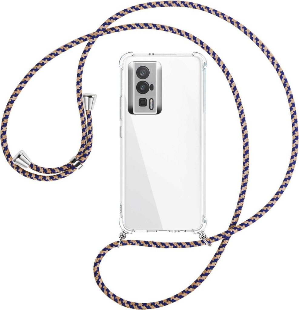 Handykette Backcover-Schutzhülle mit Band (Metall silberfarben) für Xiaomi Poco F5 Pro (6.67'') - blau+beige