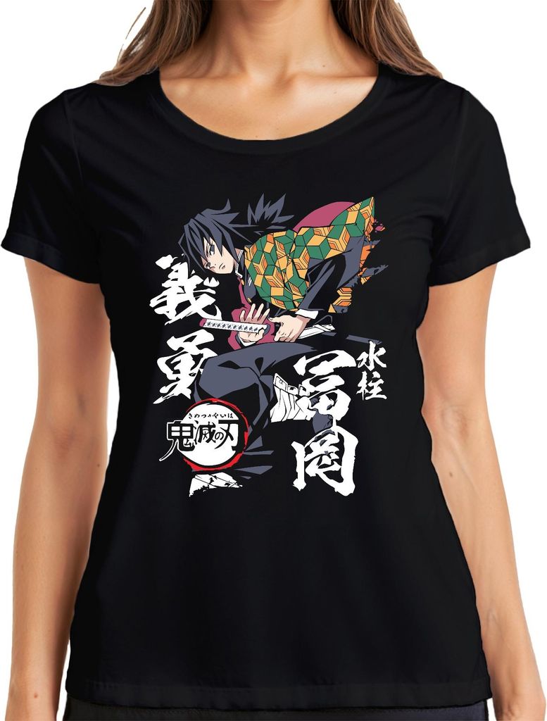 Giyu Tomioka Kimetsu no Yaiba Wasseratmung Schwert Dämonenjäger Damen T-Shirt, Schwarz, L