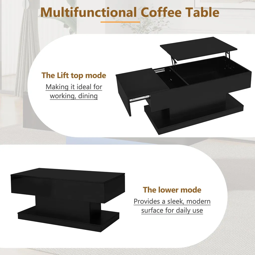 Table basse avec plateau hydraulique relevable et coffre noir - 9