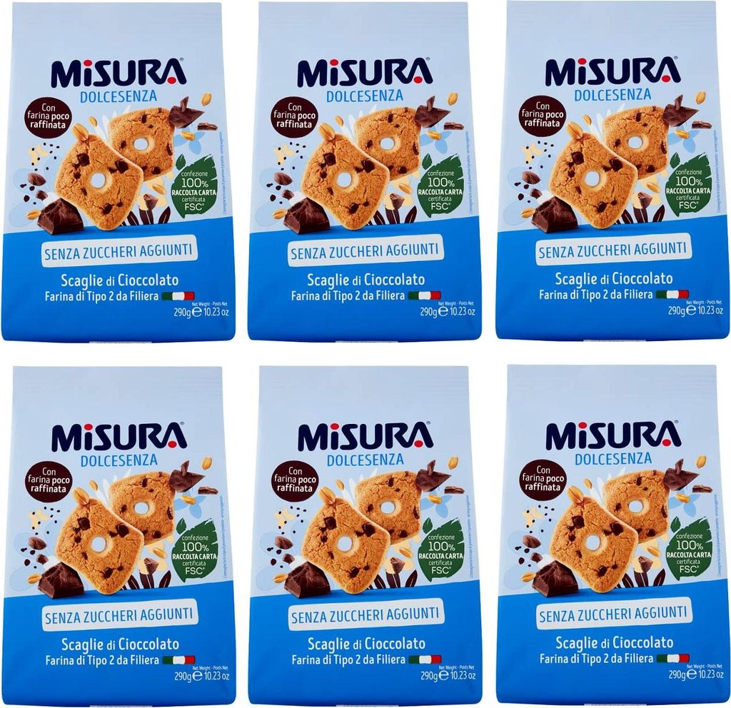 6x Misura Dolcesenza Biscotti con Scaglie di Cioccolato Kekse mit Schokoladenstückchen Ohne Zuckerzusatz Packung mit 290g + Italian Gourmet Polpa ...