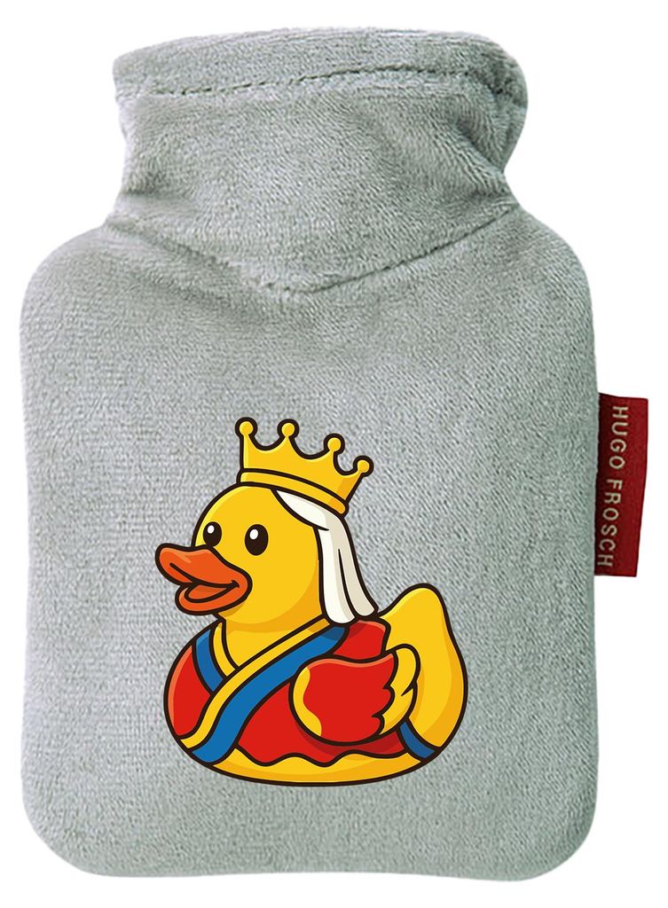 Huuraa Mini-Wärmflasche Quietscheente Königin Gummiente Queen 0,2 Liter Grey Mini Veloursbezug Taschenwärmer Geschenkidee