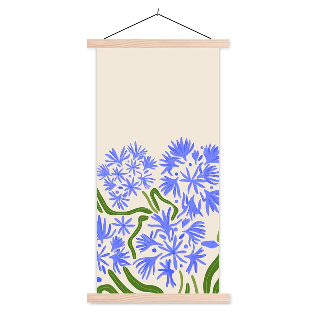 MuchoWow Textilposter Blume - Blau - Blatt - Einfach 60x120 cm mit holzfarbenen Rahmen - Holz