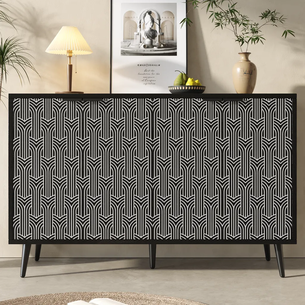 Buffet avec Portes Sculptées Artistiques - Meuble d'Appoint Noir Design