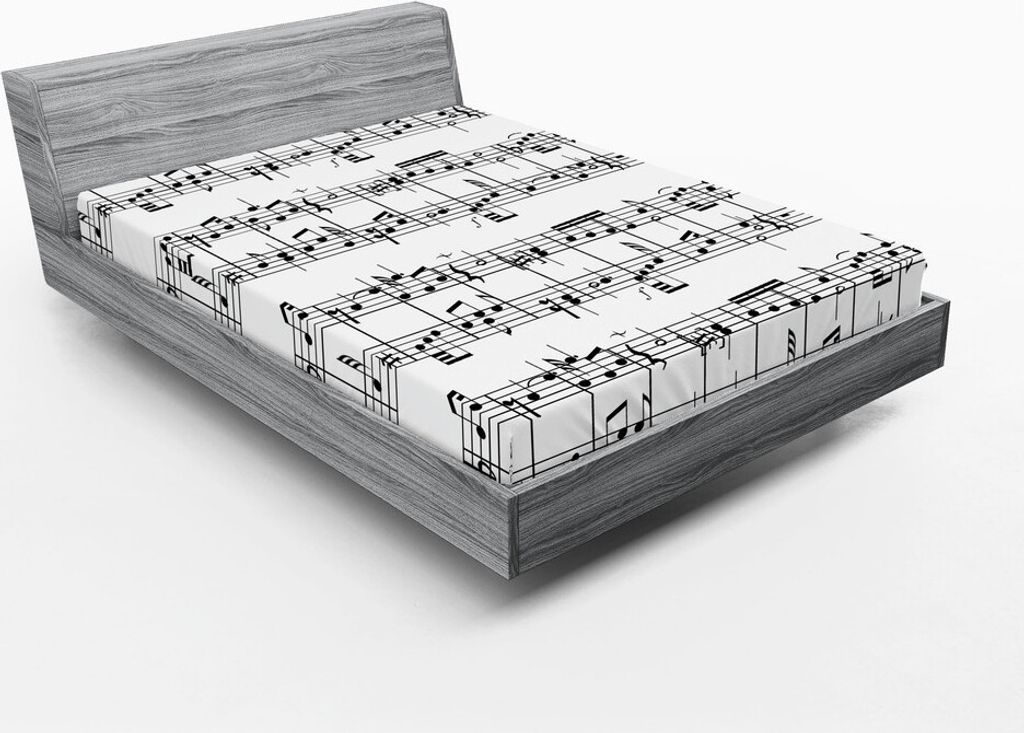 ABAKUHAUS Musik Spannbetttuch, Notenschlüssel Musikalisch Ornamente Klang Gesang Klassisch Musikbuch Muster, 135 x 190 cm, Schwarz und weiß