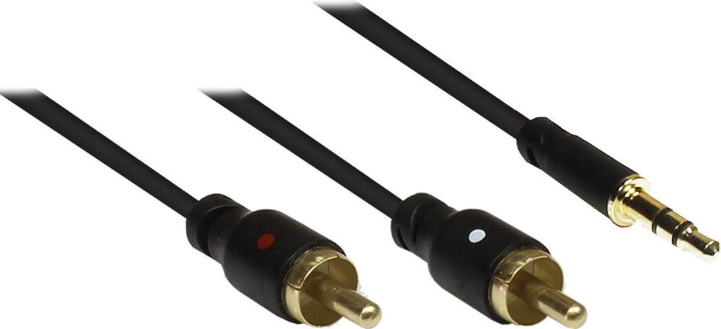 Super Slim Audiokabel, 3,5mm Stereo Mini-Stecker auf 2x Cinchstecker, vergoldete Kontakte, Rundkabel, schwarz, 1,5m, Good Connections