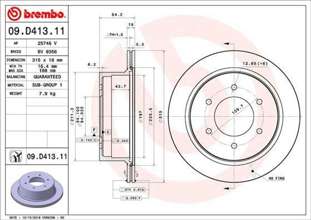 BREMBO 09.D413.11 Bremsscheibe OE 380211320 kompatibel mit Pajero