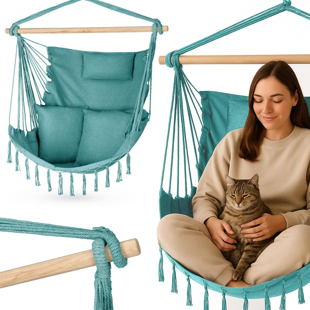 Outtec Hängesessel mit 3 Kissen - 100x130x75cm, bis 140 kg - Boho Fransen Sessel, Sitzsack, Schaukel für Outdoor, Garten, Balkon, Zuhause - Grün