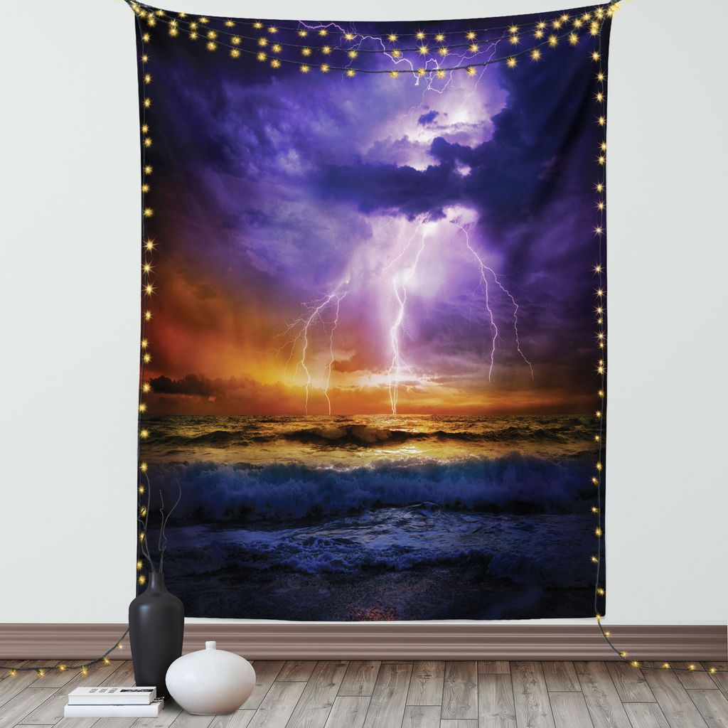 ABAKUHAUS Natur Wandteppich, Epischer Donner Und Der Sturm Auf Dem Meereswellen Horizont Schlechte Druck, Wohnzimmer Schlafzimmer Seidiger Satin Wa...