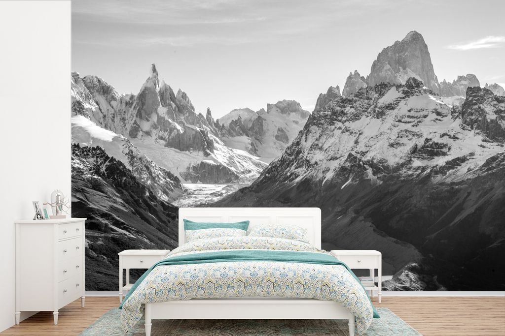 MuchoWow Fototapete für Wohnzimmer oder Schlafzimmer Wandtapete Vinyl Motivtapete Eine schöne Aussicht auf den Cerro Fitzroy - schwarz-weiß - ...