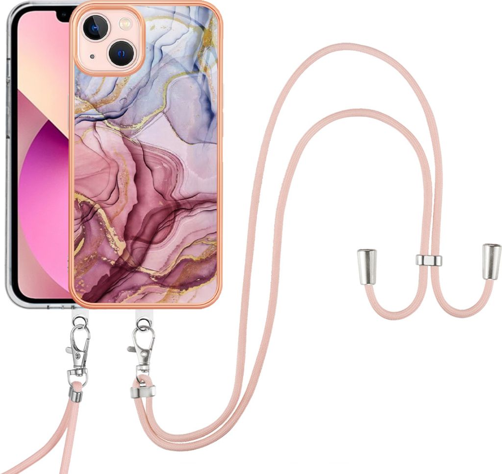 iPhone 13 Handykette Hülle, Muster TPU Bumper Schutzhülle mit verstellbarem Tragegurt für iPhone 13 Rosa