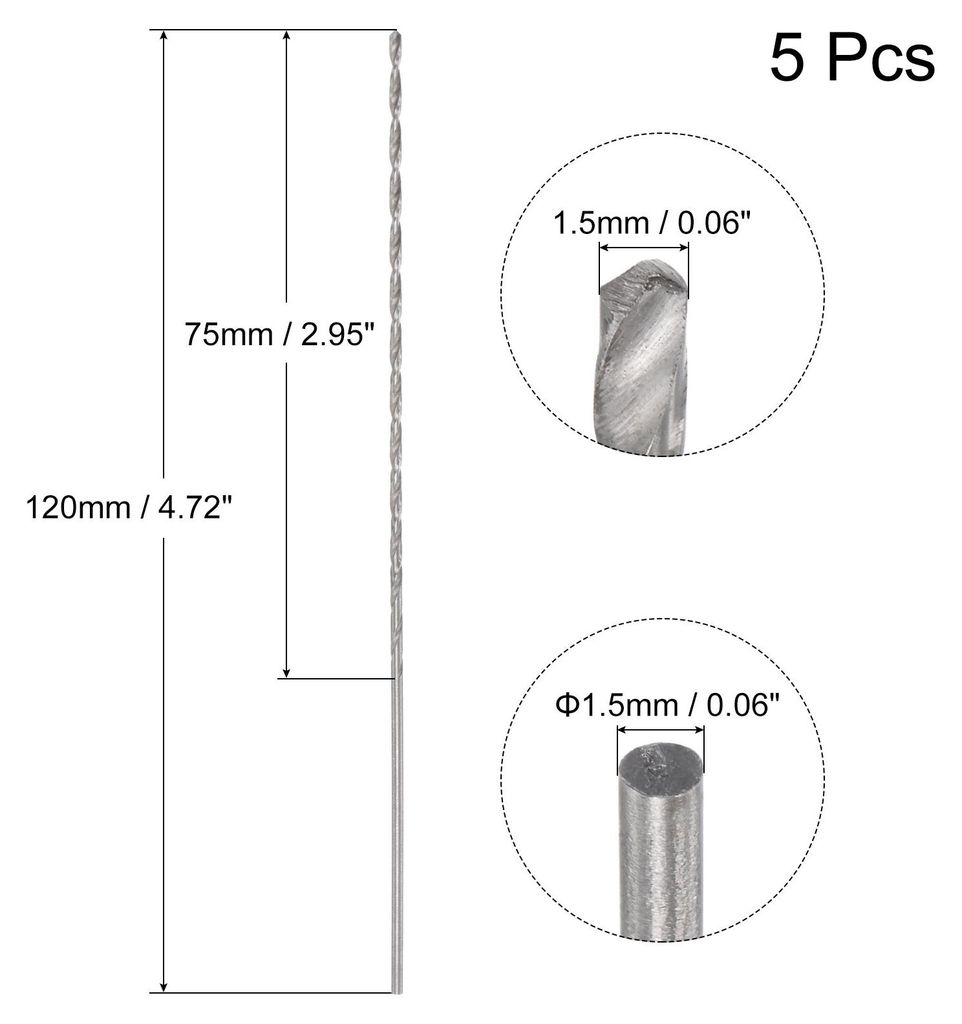 5Stk. Mini Mikro Spiralbohrer 1.5mm extra lang Metallbohrer 120mm Aluminiumlegierung