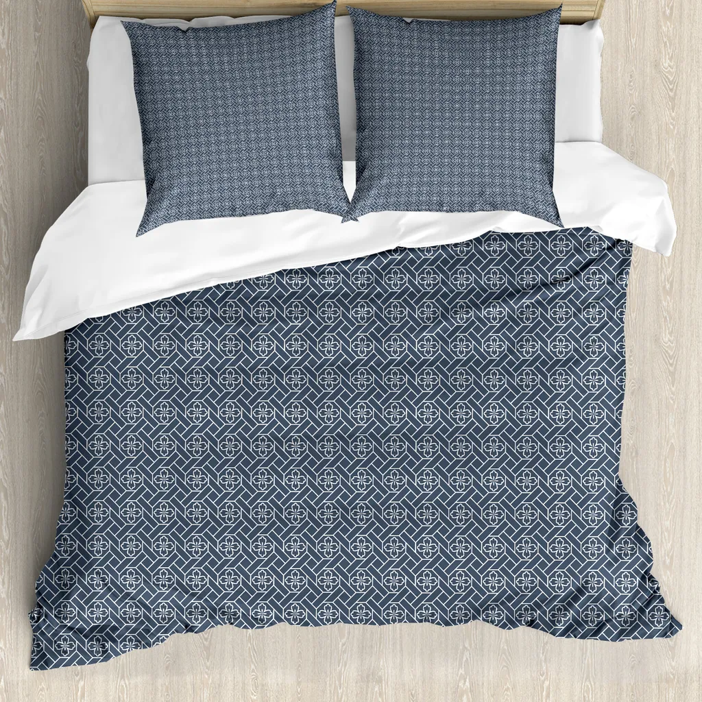 ABAKUHAUS Copripiumino giapponese, motivo floreale geometrico, antiacaro, adatto a chi soffre di allergie, con federe, 200 cm x 200 cm - 80 x 80 cm, grigio antracite blu scuro