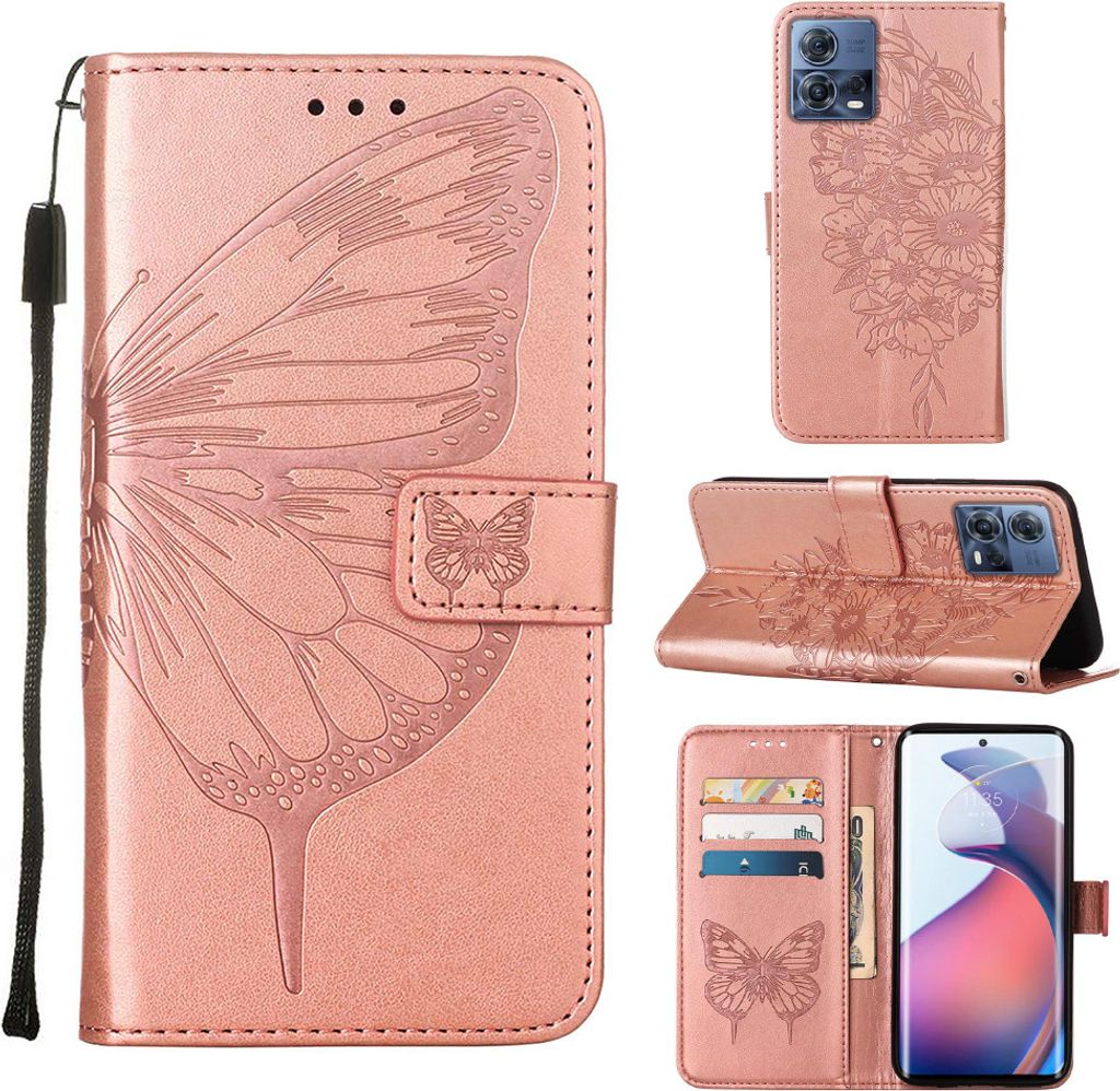 Moto S30 Pro Hülle, Schmetterling Prägung Flip Leder Kartenfächer Schutzhülle Ledertasche mit Ständer für Motorola Moto S30 Pro 5G Roségold