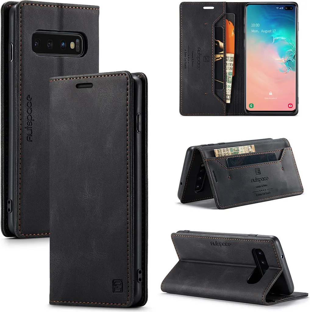 Galaxy S10 Plus Custodia a portafoglio, RetroPoliuretanoCustodia in pelle Stand Cover protettiva per Samsung Galaxy S10 Plus Nero
