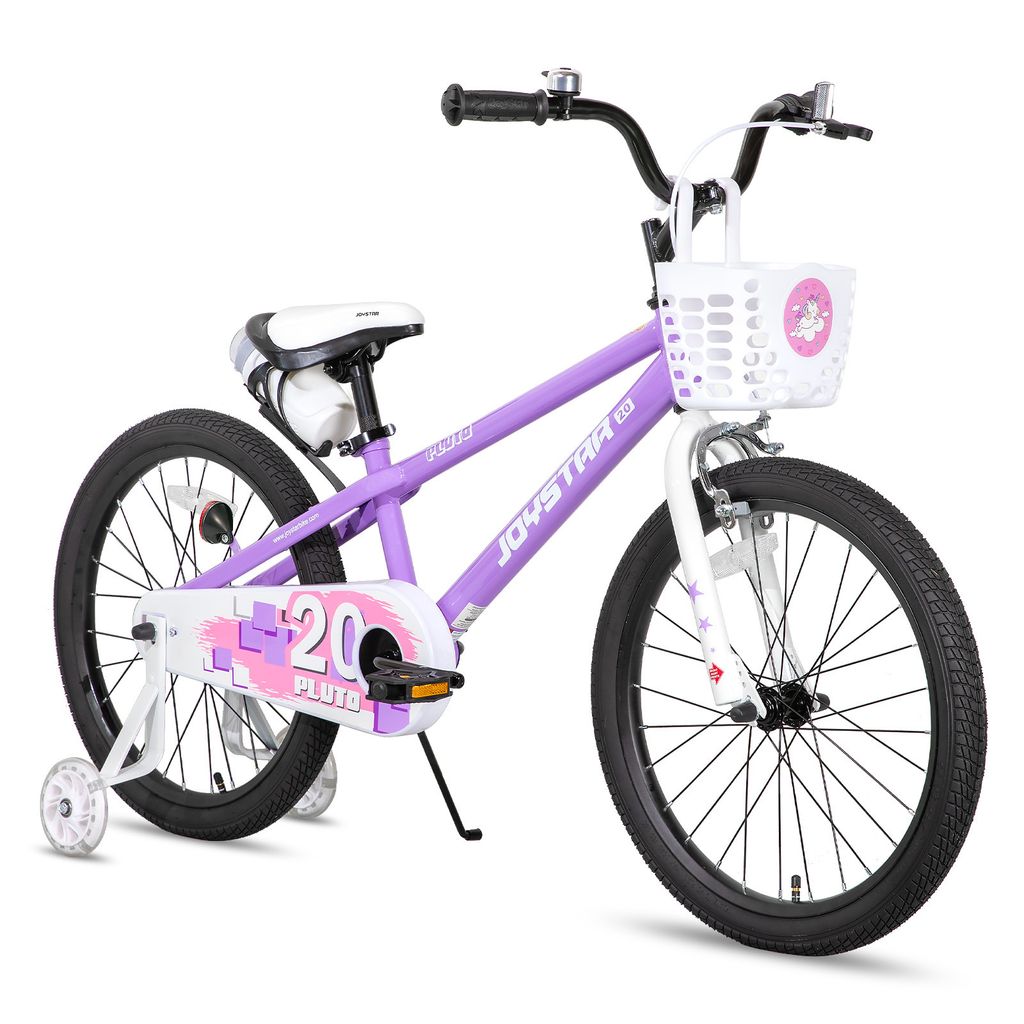 JOYSTAR Pluto 20 Zoll Kinderfahrrad mit beleuchteten Stützrädern, Korb, Flaschenhalter, Kinderfahrrad für Jungen und Mädchen 3-12 Jahre, Lila