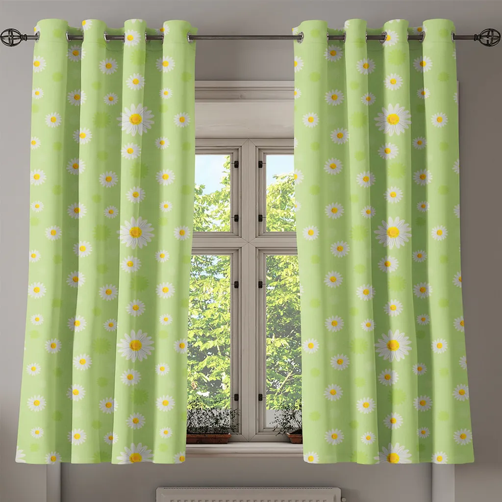 ABAKUHAUS Tenda con occhielli gialla e verde, tema primaverile allegro e grazioso con margherite dai colori vivaci, tende decorative a 2 pannelli per finestre, 280 cm x 225 cm, verde pistacchio e calendula - 2