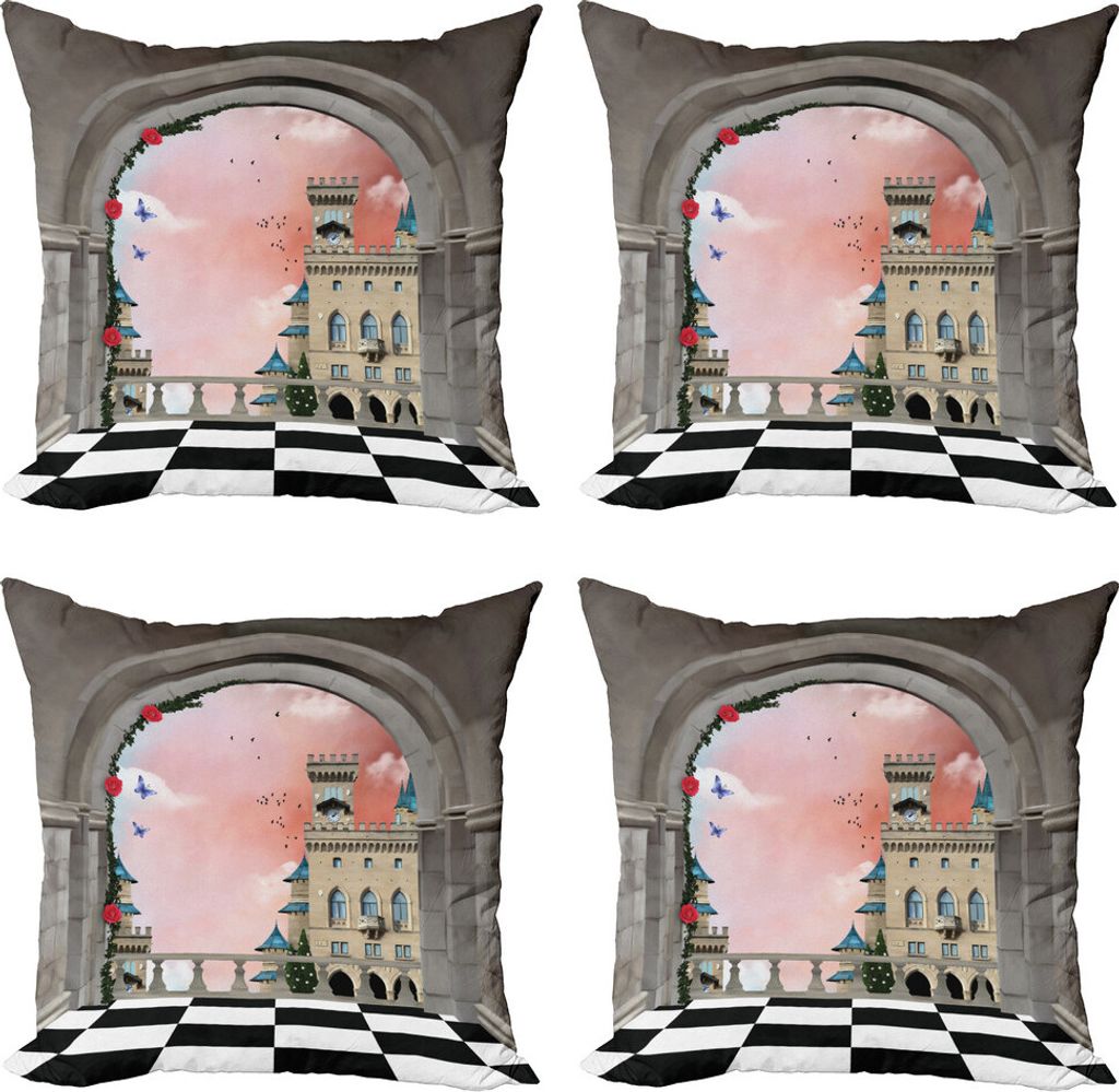 ABAKUHAUS Fantasie Kissenbezug Set (4 Stück), Mittelalterliche Burg Balkon, Moderner Doppelseitiger Digitaldruck, 45 cm x 45 cm, Mehrfarbig