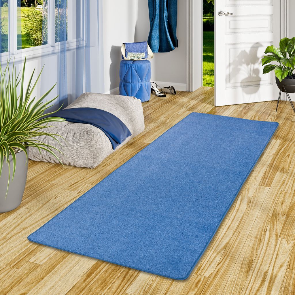 Trend Velours Teppich Läufer Kurzflor Modern Pflegeleicht Einfarbig, Größe:80x240 cm, Farbe:Blau