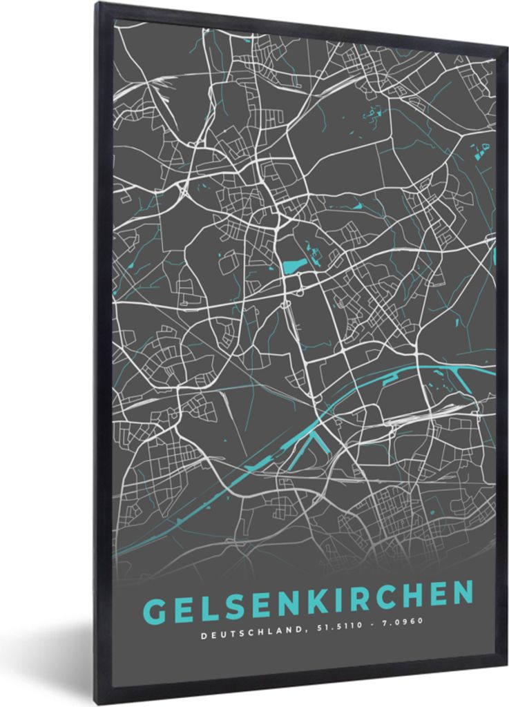 MuchoWow Gerahmtes Poster Deutschland - Blau - Gelsenkirchen - Stadtplan - Karte 40x60 cm - Poster mit Schwarzem Bilderrahmen Wandposter Rahmen F...